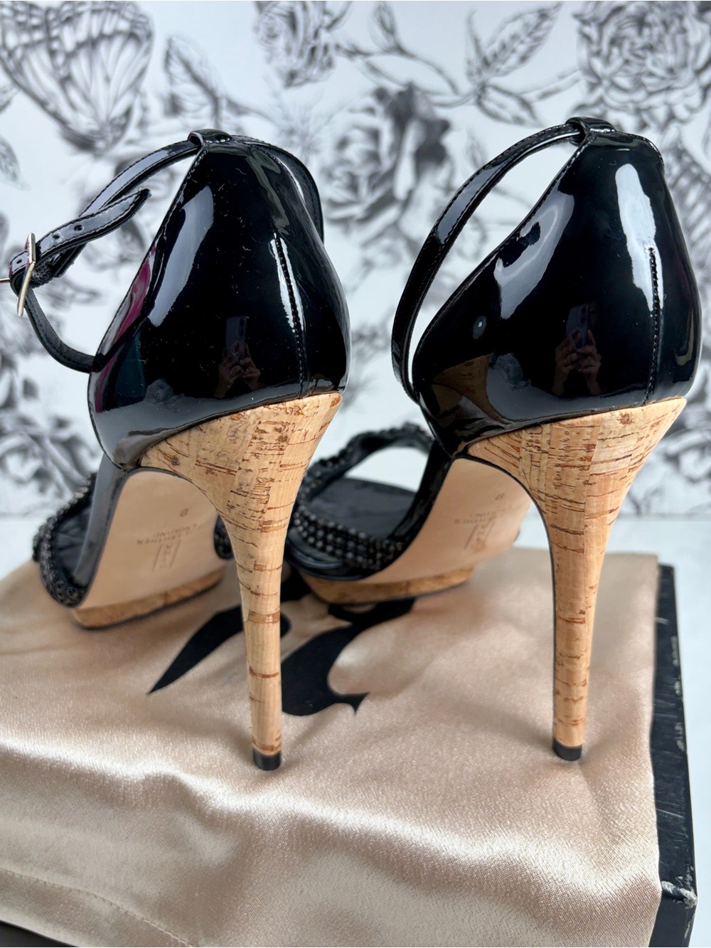 Gina Patent Leather 5” Cork Wrapped Platform Heel w/ Rhinestone Strap, Sz 11 - Picture 5 of 9